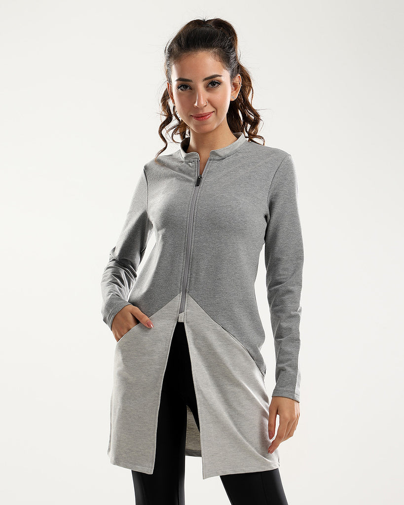 Heather Grey Shades Zipped Long Sweatshirt With Front Pockets